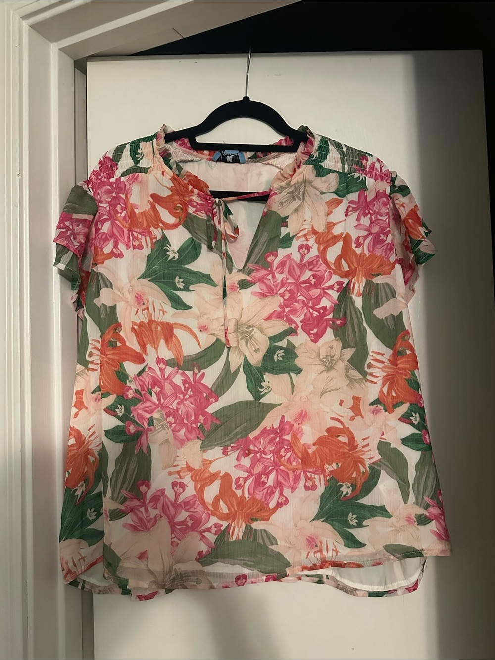 CeCe Cream Floral Short-Sleeve Blouse with Pink and Orange Blooms